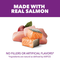 IAMS real chicken and salmon ingredients support healthy muscles.