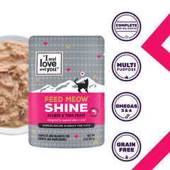 Close up of Meow Shine broth and shredded fish highlighting hydration and flavor.