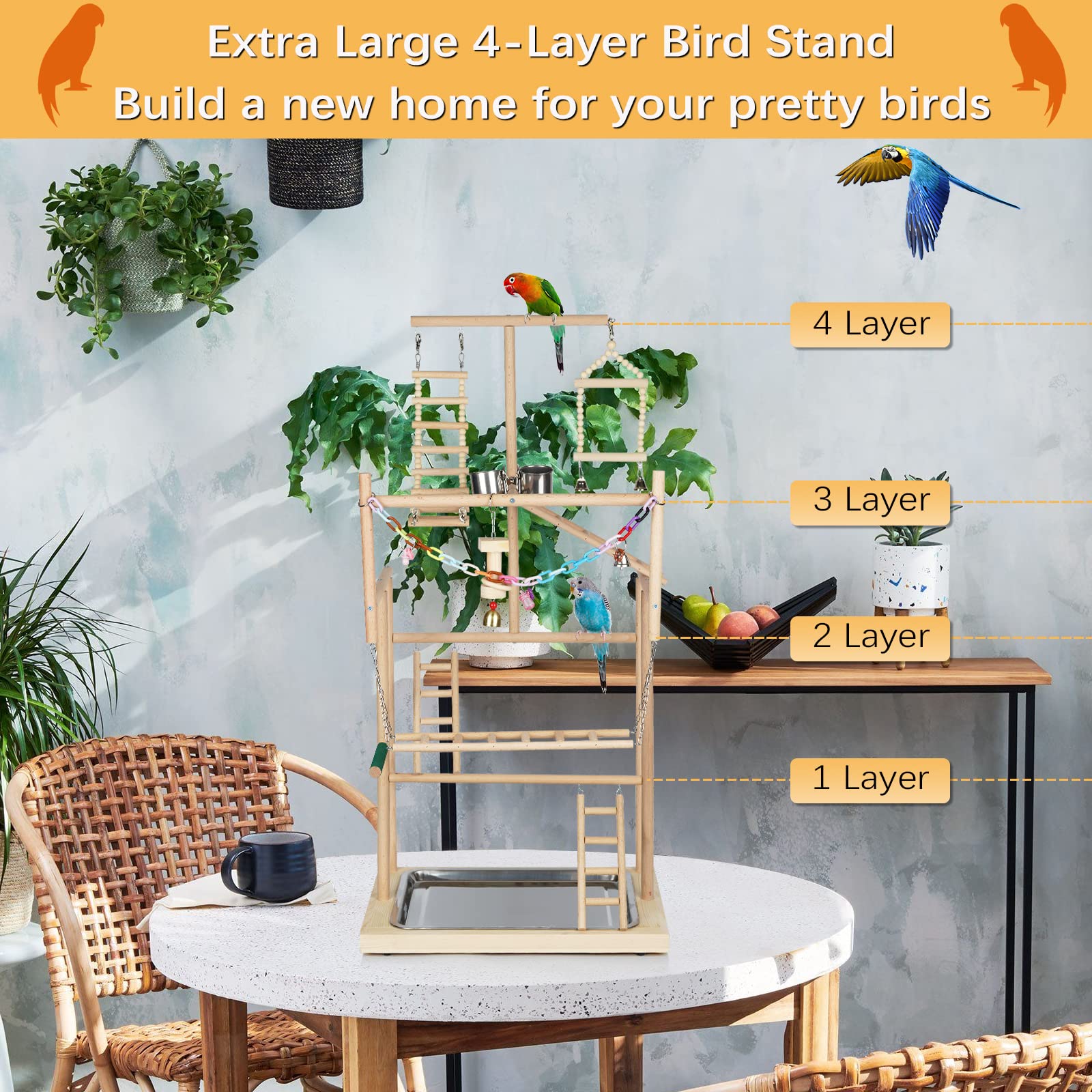 Ibnotuiy colorful bird toy dangling on playstand for enrichment.