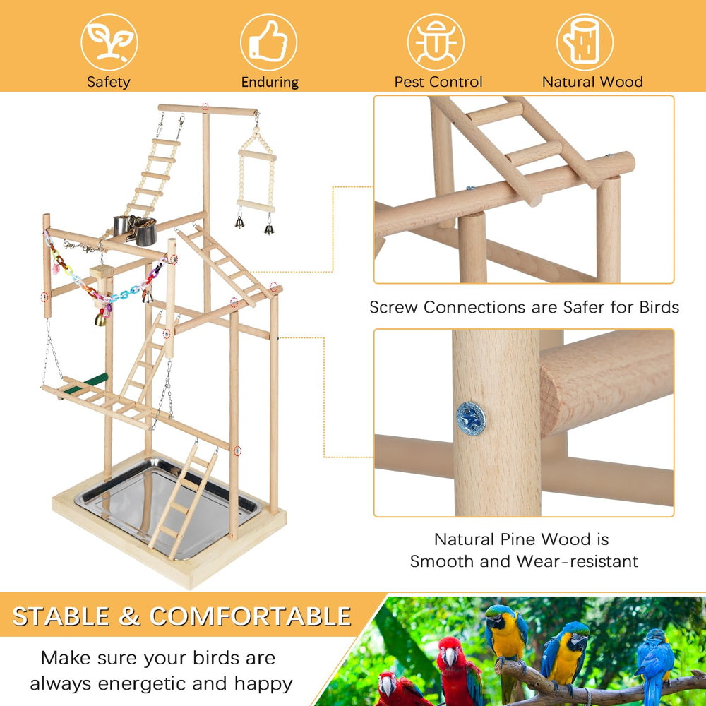 Ibnotuiy playstand with feeder cups and bells for interactive feeding.