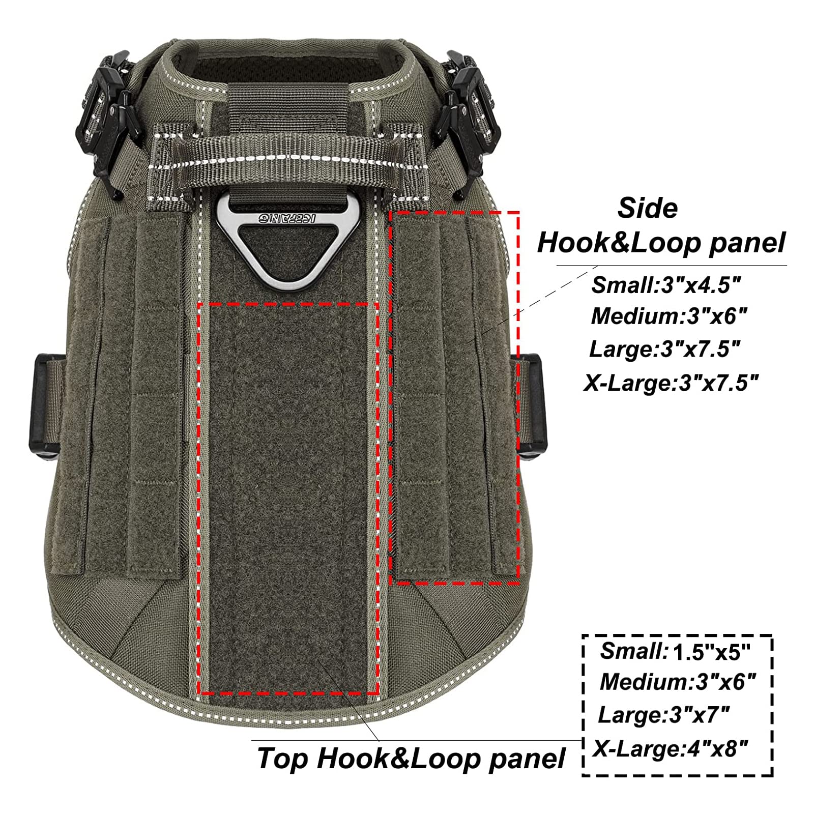 ICEFANG Tactical Dog Harness Medium, buckle closeup, highlights heavy-duty hardware for reliable use.