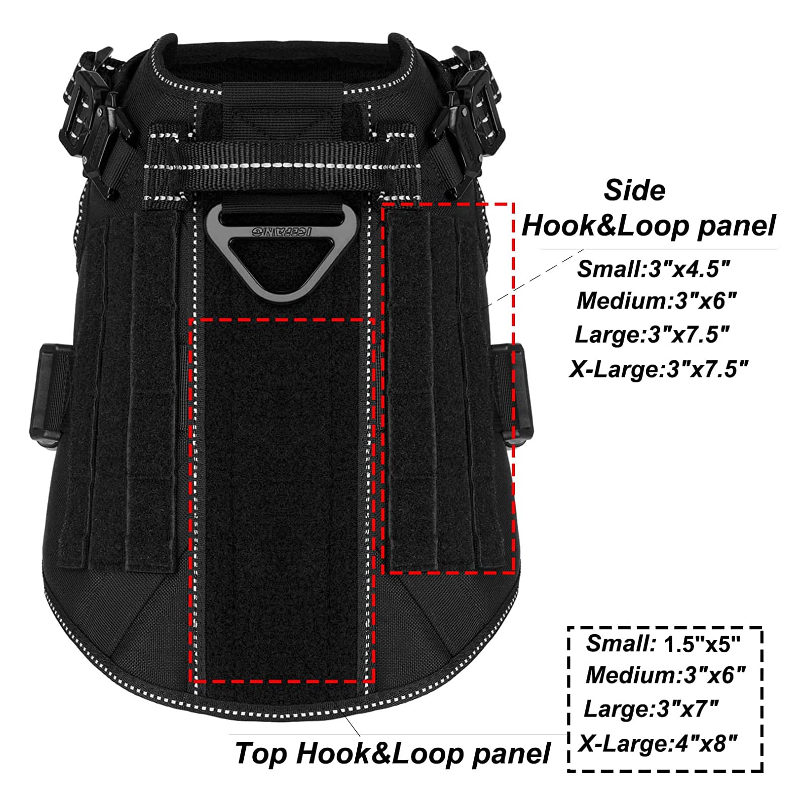 ICEFANG Tactical harness medium, MOLLE panel close-up for gear attachment.