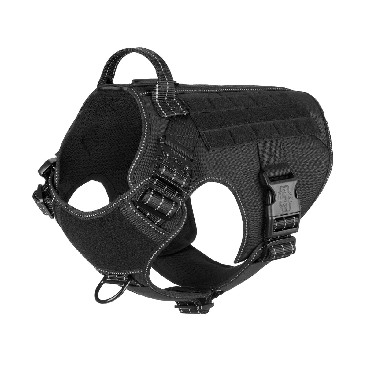 ICEFANG Tactical Dog Harness XL side view showing MOLLE straps for gear.
