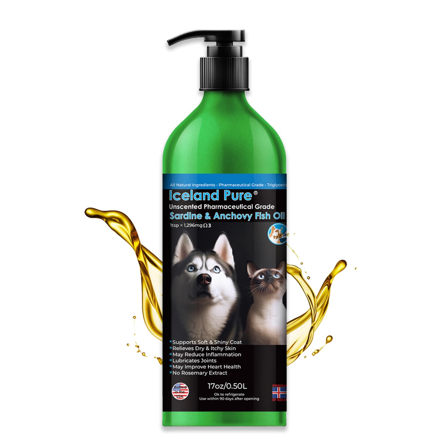 Iceland Pure Sardine Anchovy Oil bottle with pump for easy, mess-free pet dosing.
