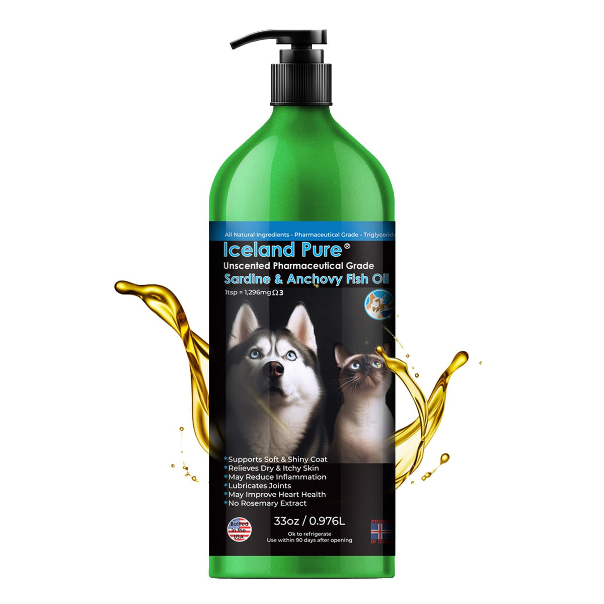 Iceland Pure Sardine Anchovy Oil bottle-pump for easy pet nutrition.