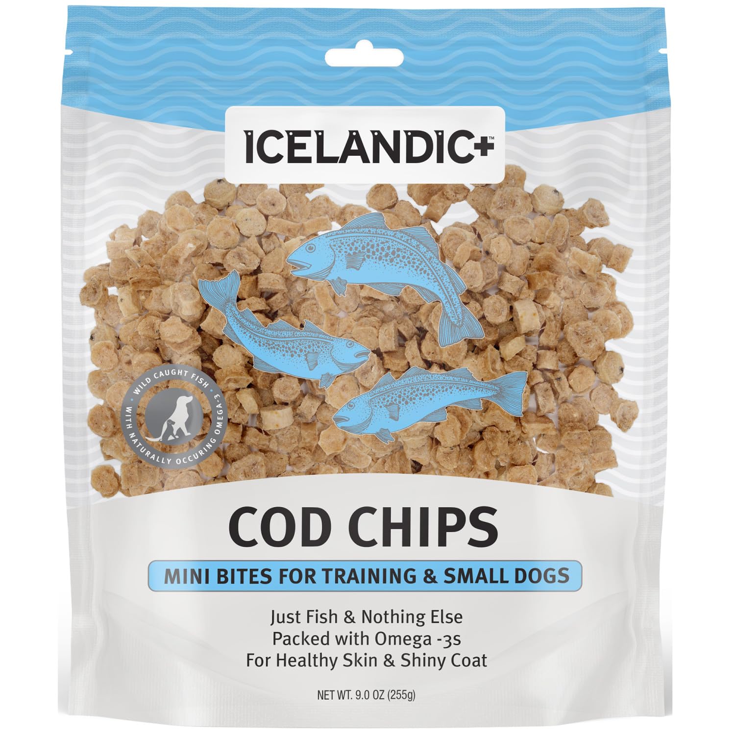 Icelandic+ Mini Fish Chips dental care support, helps reduce tartar with regular chews.