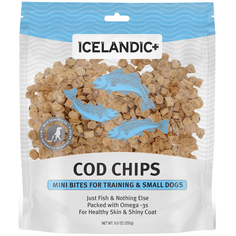 Icelandic+ Mini Fish Chips dental care support, helps reduce tartar with regular chews.