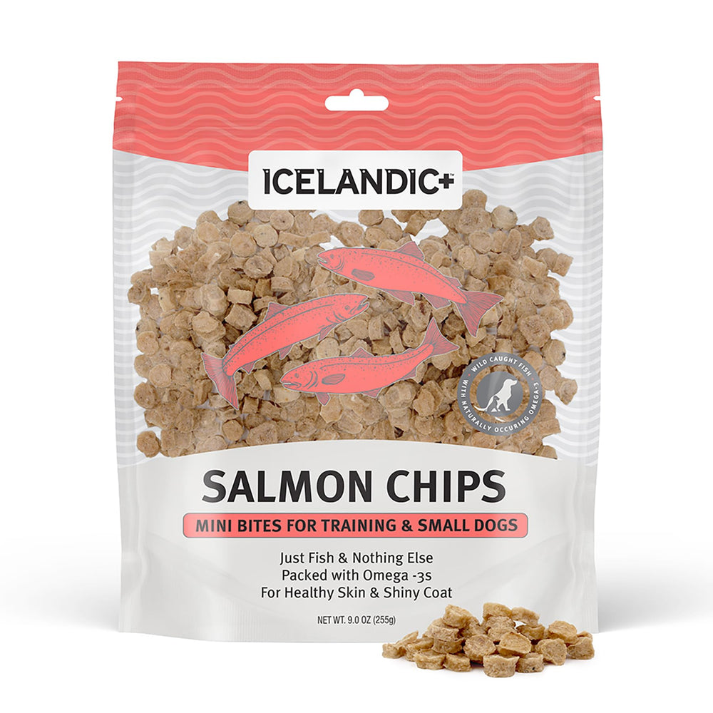Icelandic+ Mini Fish Chips Salmon pack shot for training rewards with a natural air-dried crunch.
