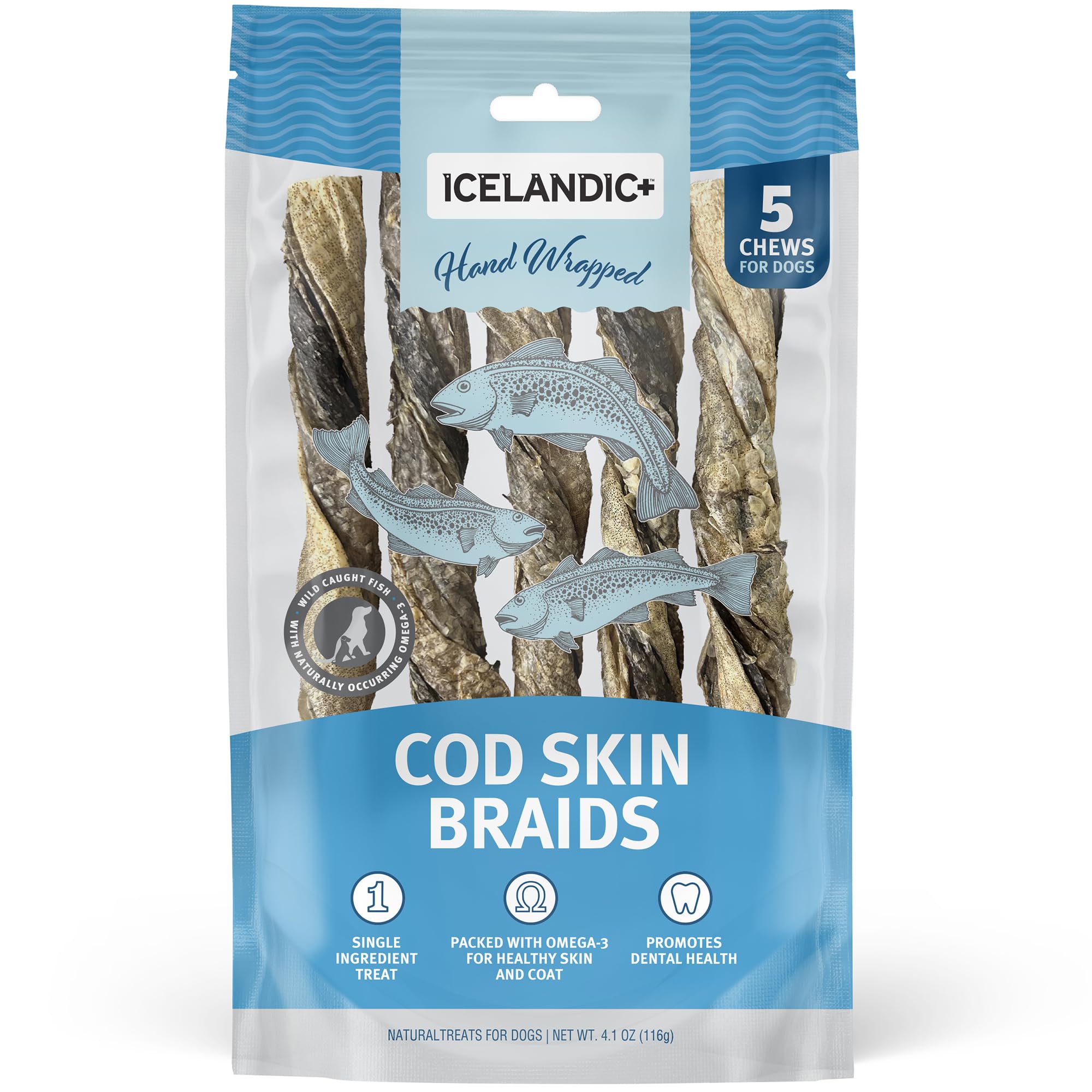 Icelandic+ cod skin braids 5-pack on display, a single-ingredient chew for dogs