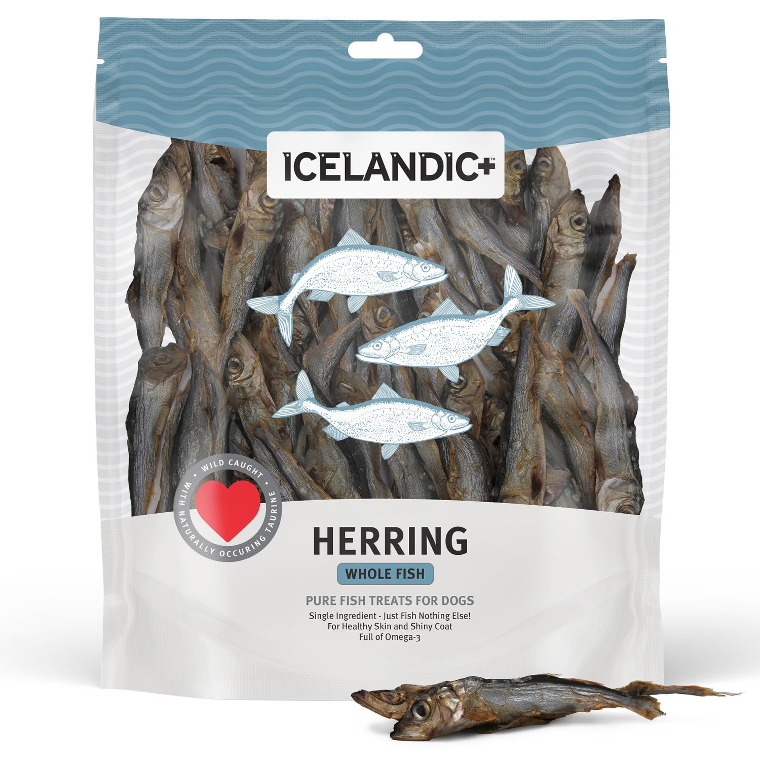 Icelandic+ whole herring 9oz bag shows a pure single-ingredient dog snack with natural protein.