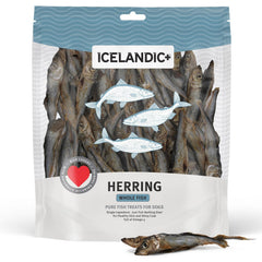 Icelandic+ whole herring 9oz bag shows a pure single-ingredient dog snack with natural protein.