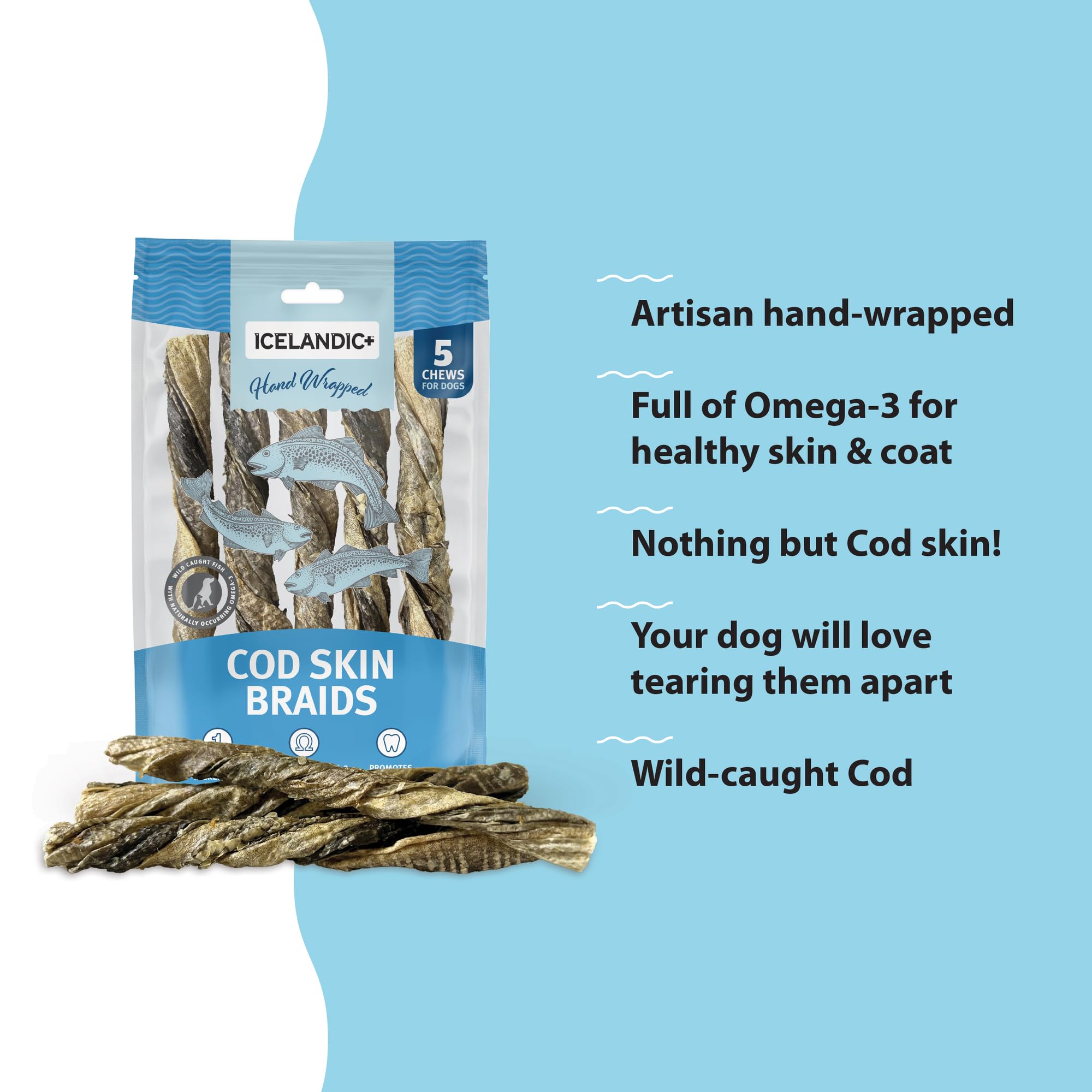 Wild-caught cod skins used, hand-wrapped chews for long-lasting dog treats