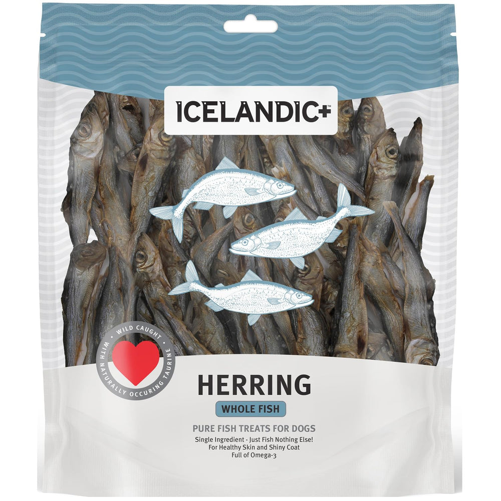Icelandic+ wild-caught herring image communicates omega-3 rich snack for healthy skin and coat.