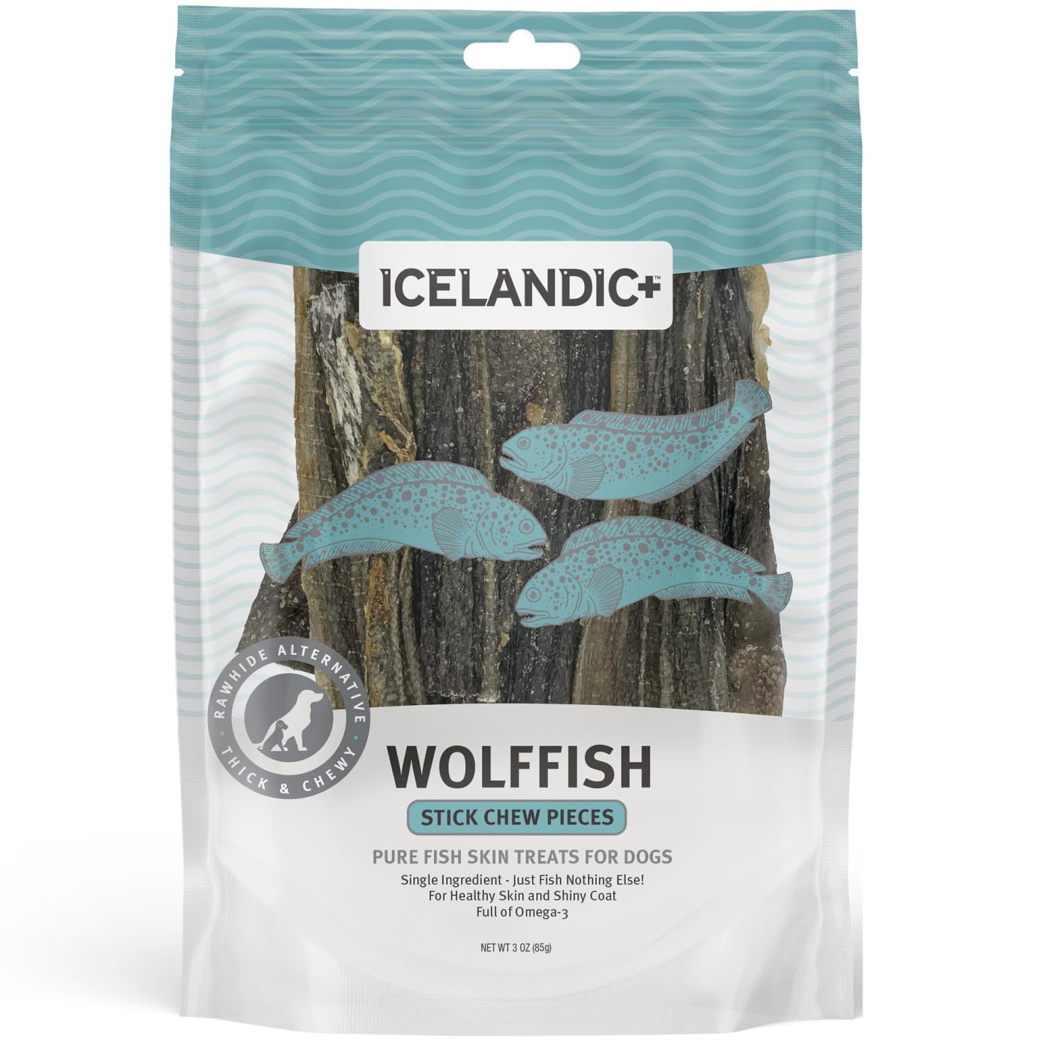 Icelandic+ Wolffish stick chew 3oz bag highlights portion size.
