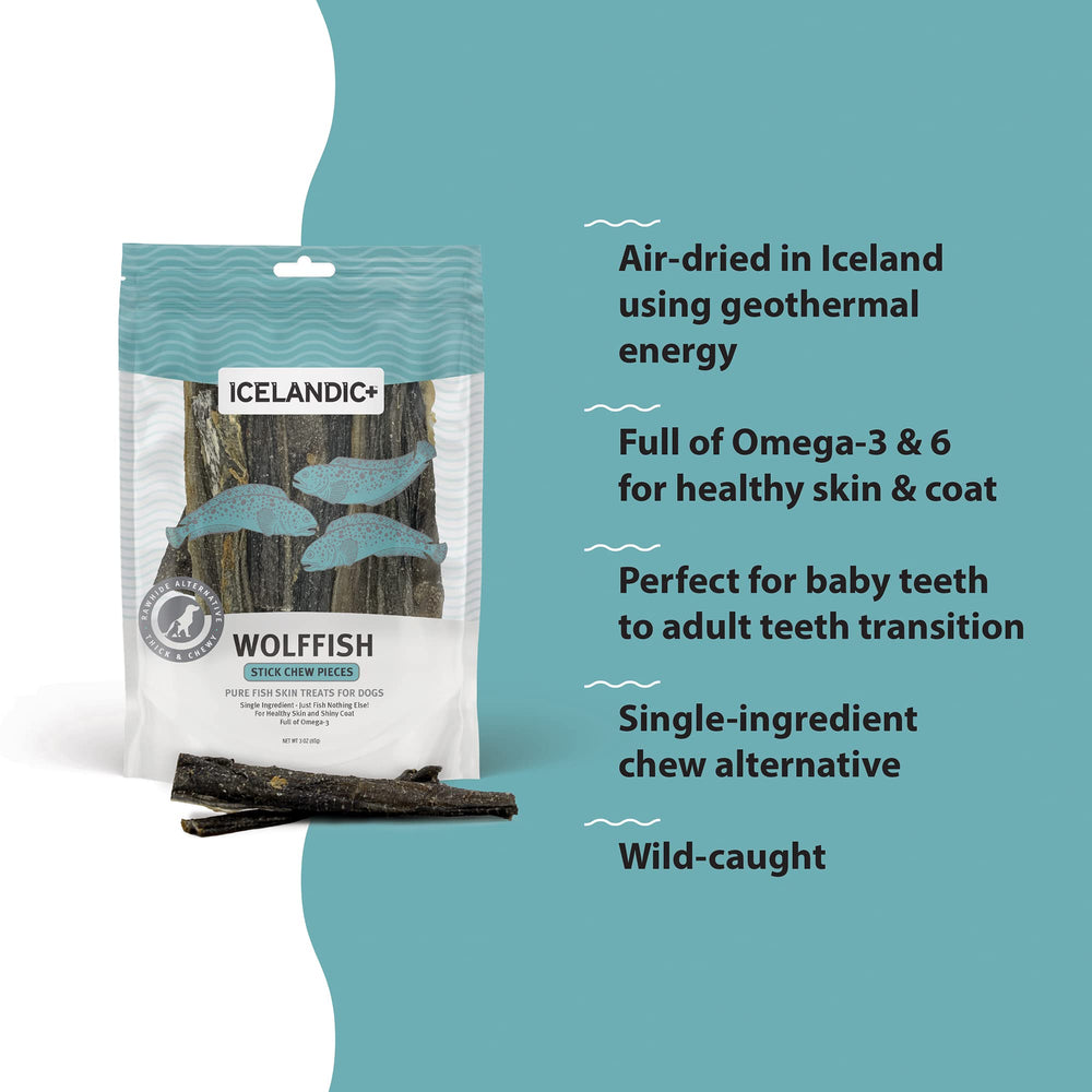 Icelandic+ Wolffish stick chew air-dried process evokes Viking tradition.