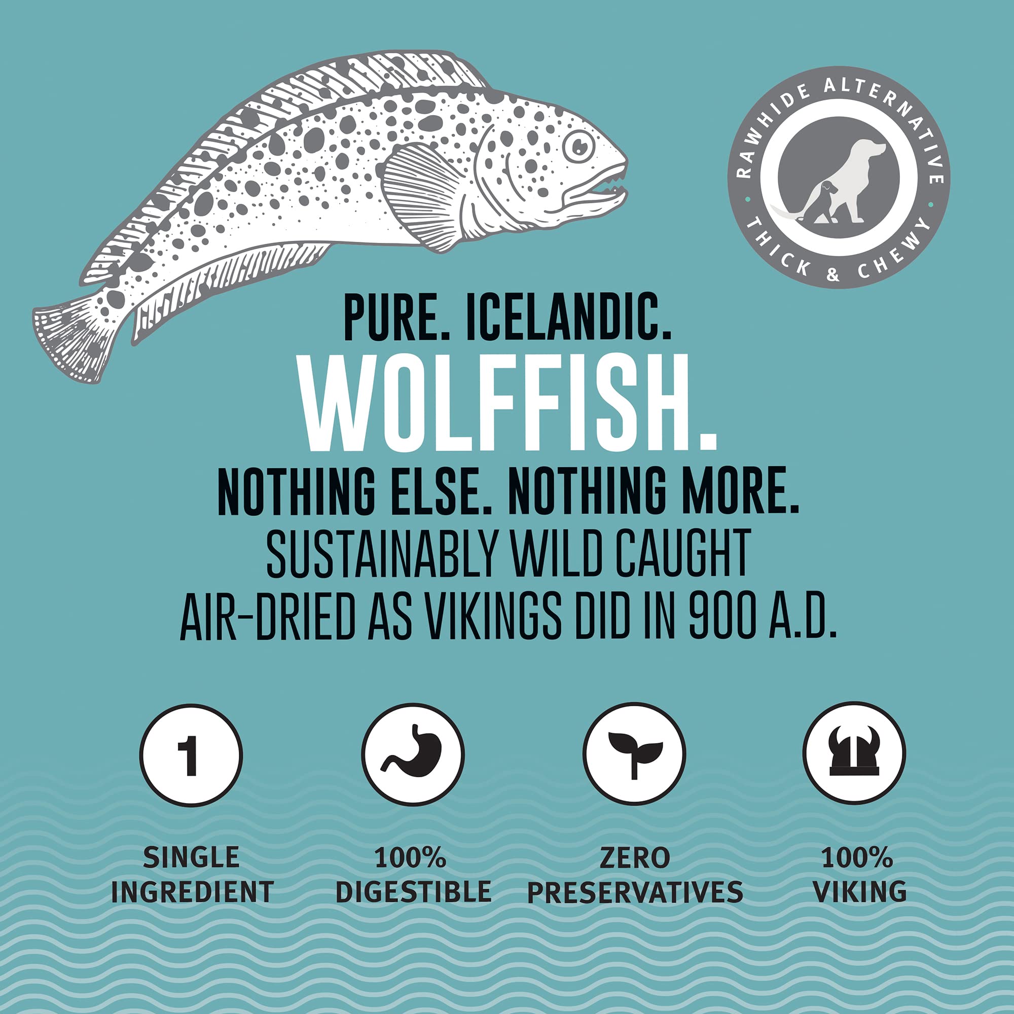 Icelandic+ Wolffish stick chew ingredients closeup confirms pure fish skin.