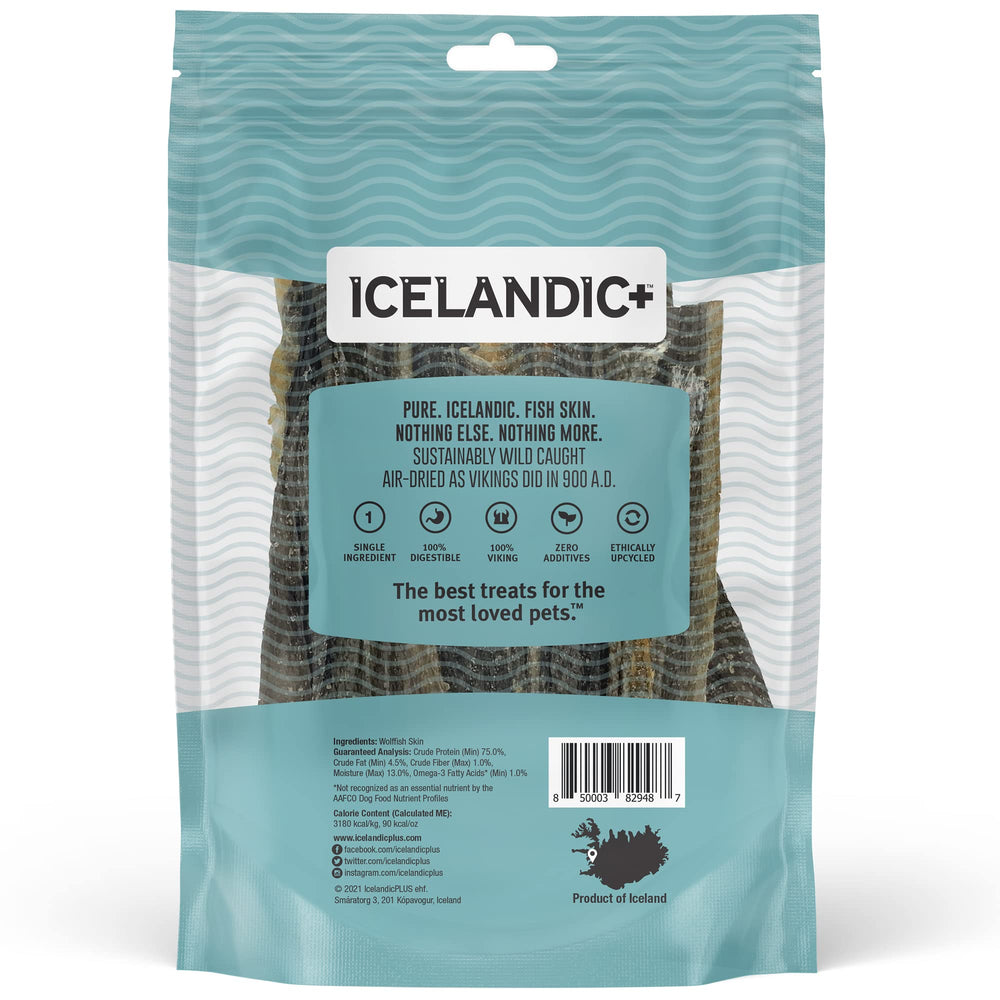 Icelandic+ Wolffish stick chew pack shot shows single-ingredient, wild-caught dog treat.
