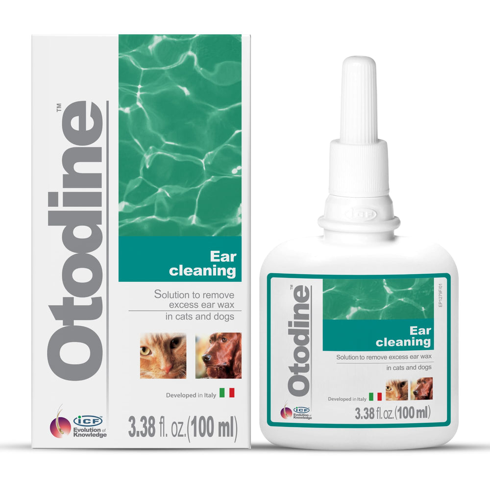 ICF Otodine dog ear cleaner bottle ready for use and gentle cleaning.