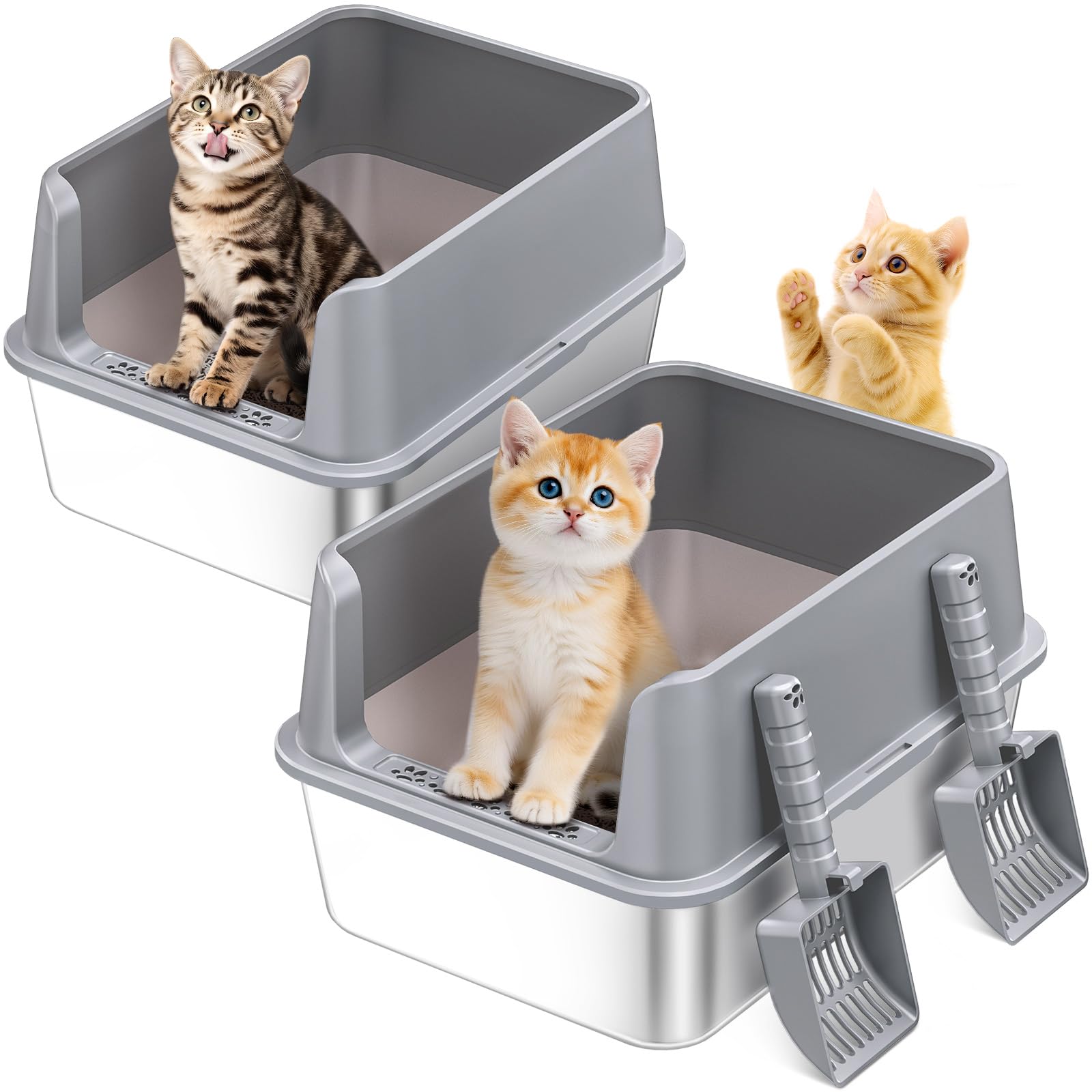 ICYAIR 2-Pack stainless steel litter box front view highlights durability and kitten-friendly design