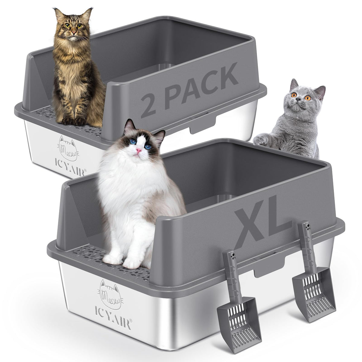 ICYAIR 2pack XL stainless steel litter boxes offer roomy space for big cats.