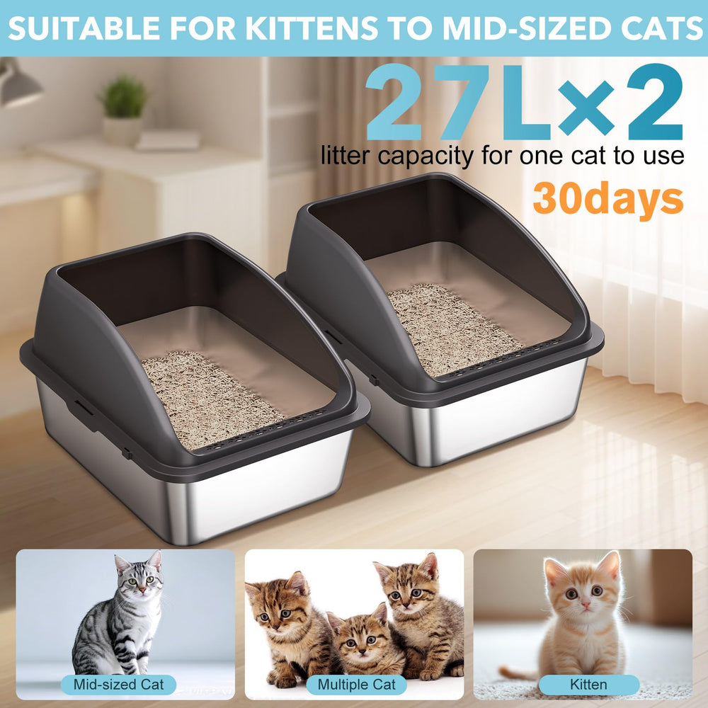 ICYAIR stainless steel litter box with high 12-inch sides, metal construction