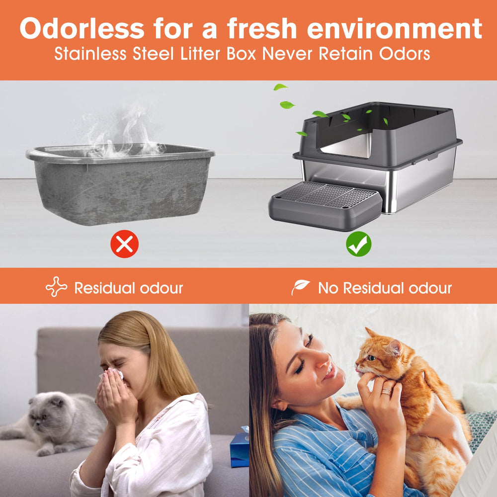 Secure lid and footboard ease access for older or short-legged cats.