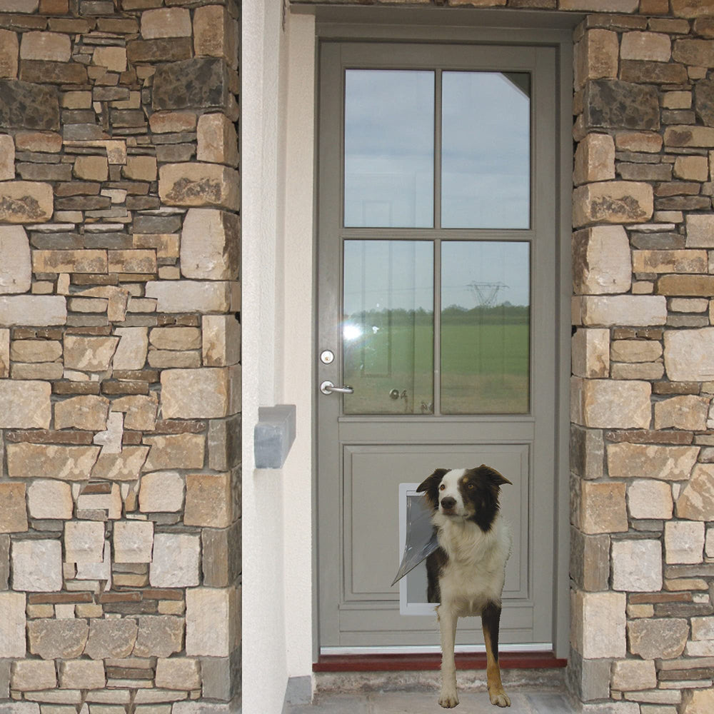 Ideal Pet Designer door flap close-up showing flexible vinyl with patented edges for lasting shape.