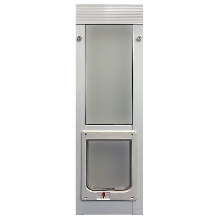 Ideal Pet Products aluminum vertical sash door seen from the side for quick pet access.