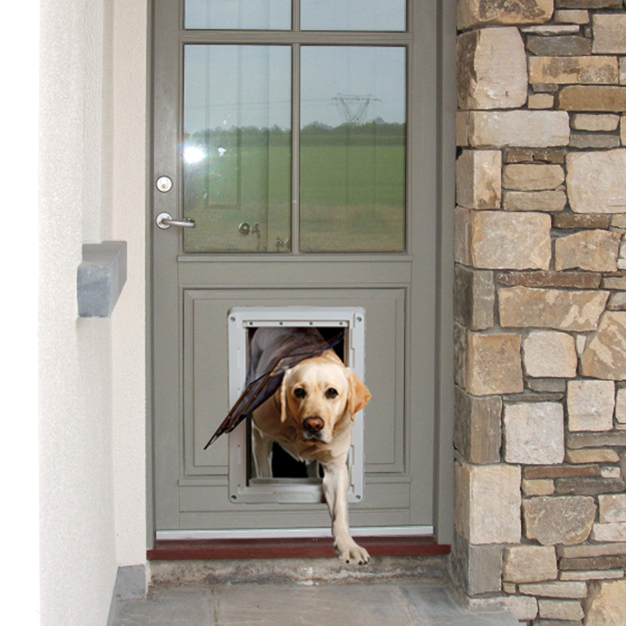 Ideal Pet Products Ruff-Weather door double-flap insulation illustrated for energy-friendly pet access.