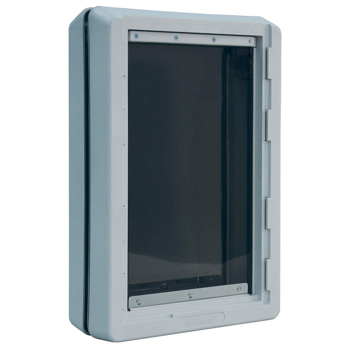 Ideal Pet Products Ruff-Weather door with telescoping frame demonstrates adjustable fit for various door thicknesses.