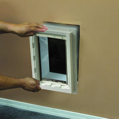 Ideal Pet Products lock-out slide demonstrates easy pet access control and privacy.