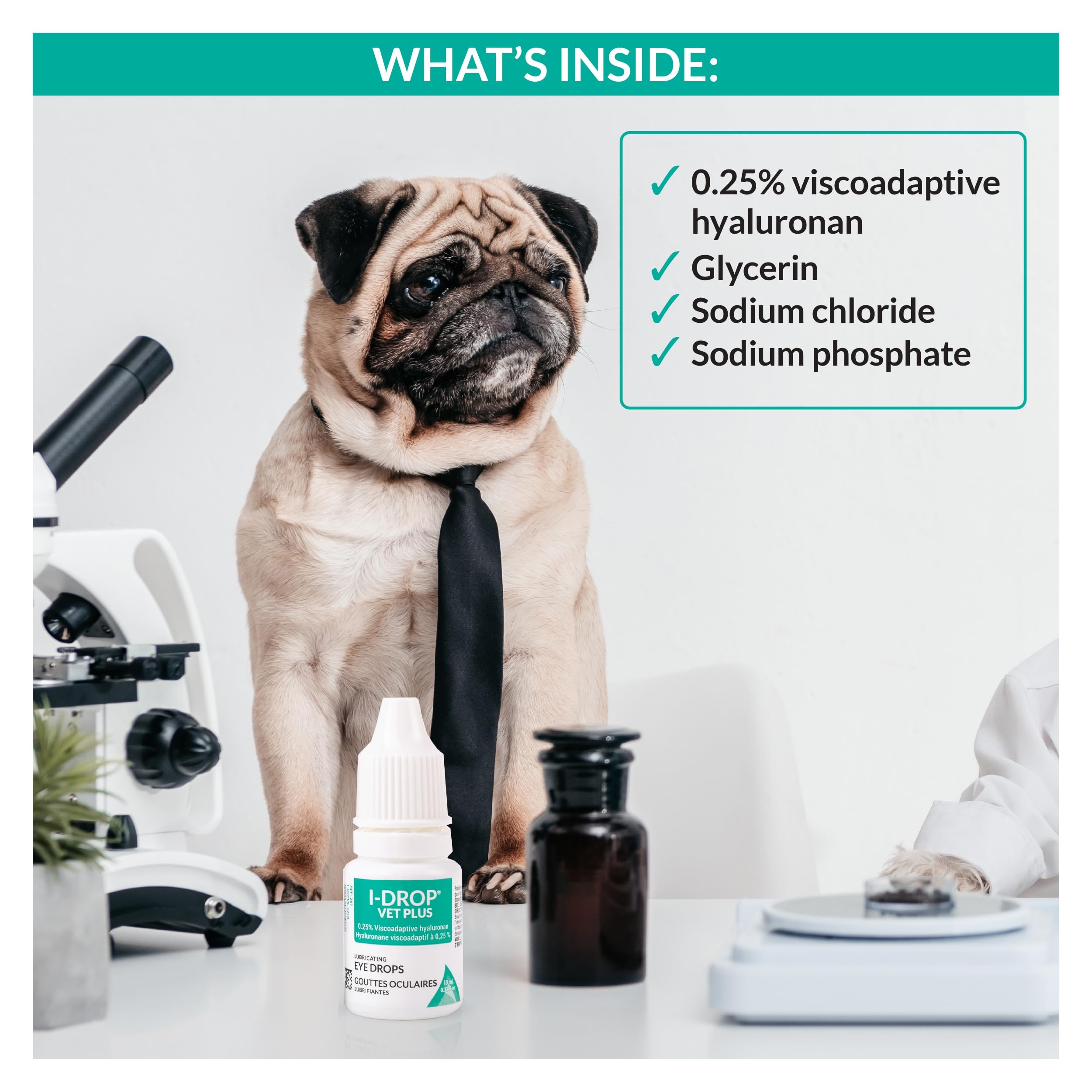 I-DROP VET PLUS applicator demonstrates easy application for canine eye care.