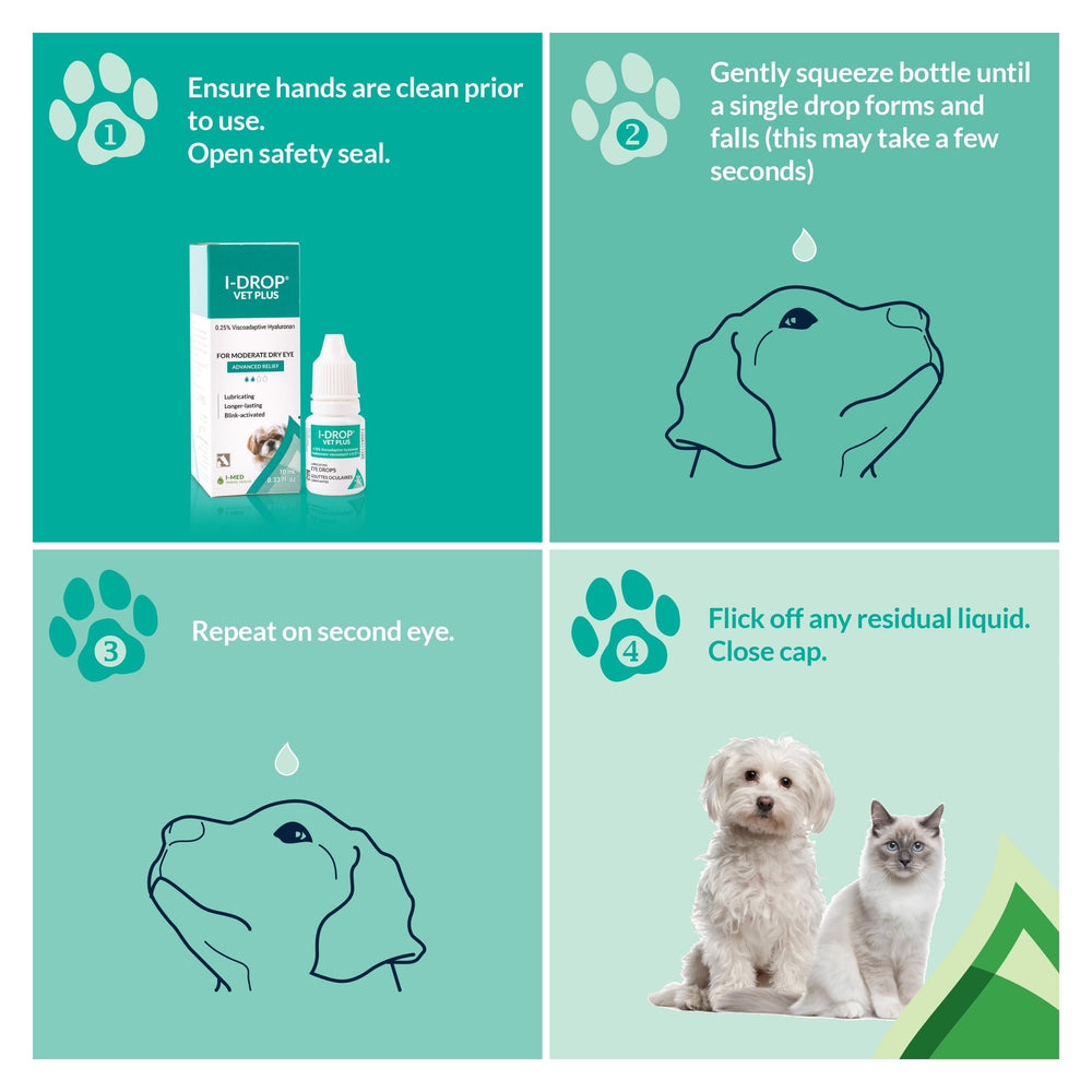 I-DROP VET PLUS in-use droplets refresh a dog's eye surface.