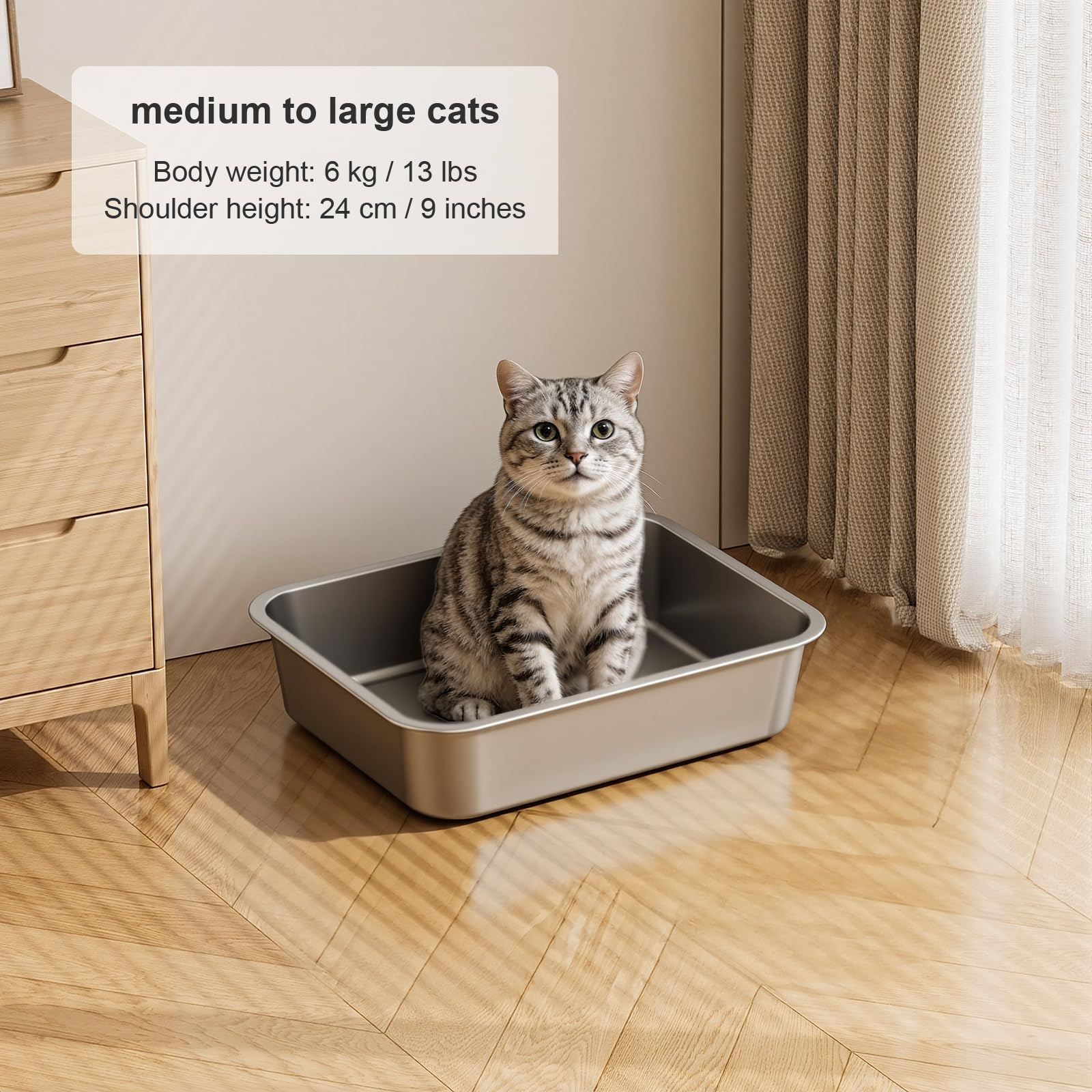 Idymere stainless steel litter box wide space supports easy cleaning and quick debris removal.