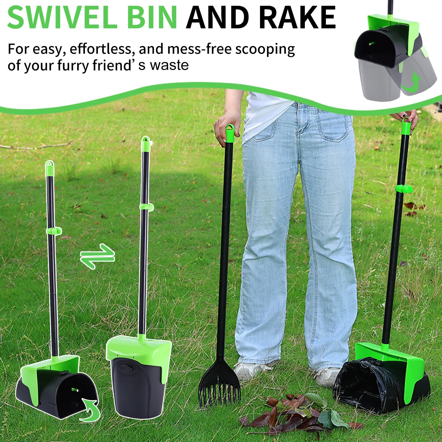 ienjoyed Pooper Scooper rake-and-bin-assembly simplifies quick waste transfer.