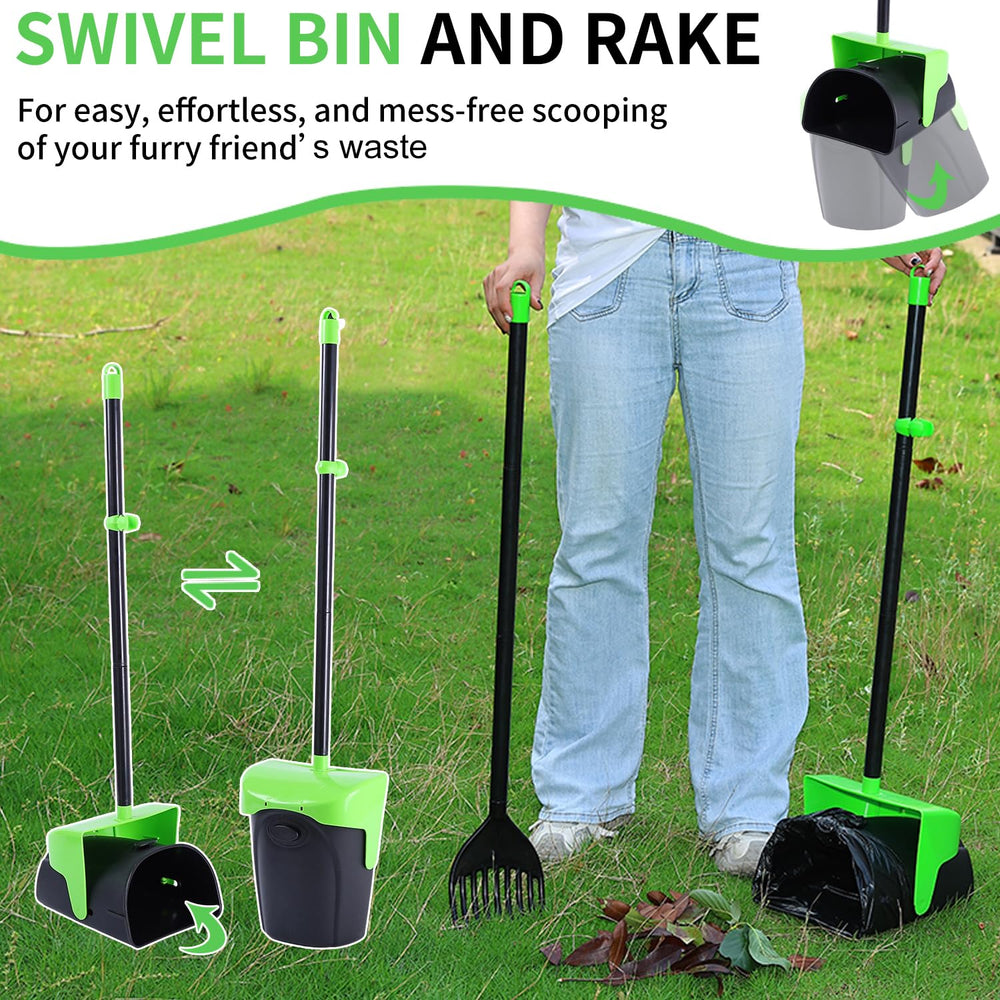 ienjoyed Pooper Scooper rake-and-bin-assembly simplifies quick waste transfer.