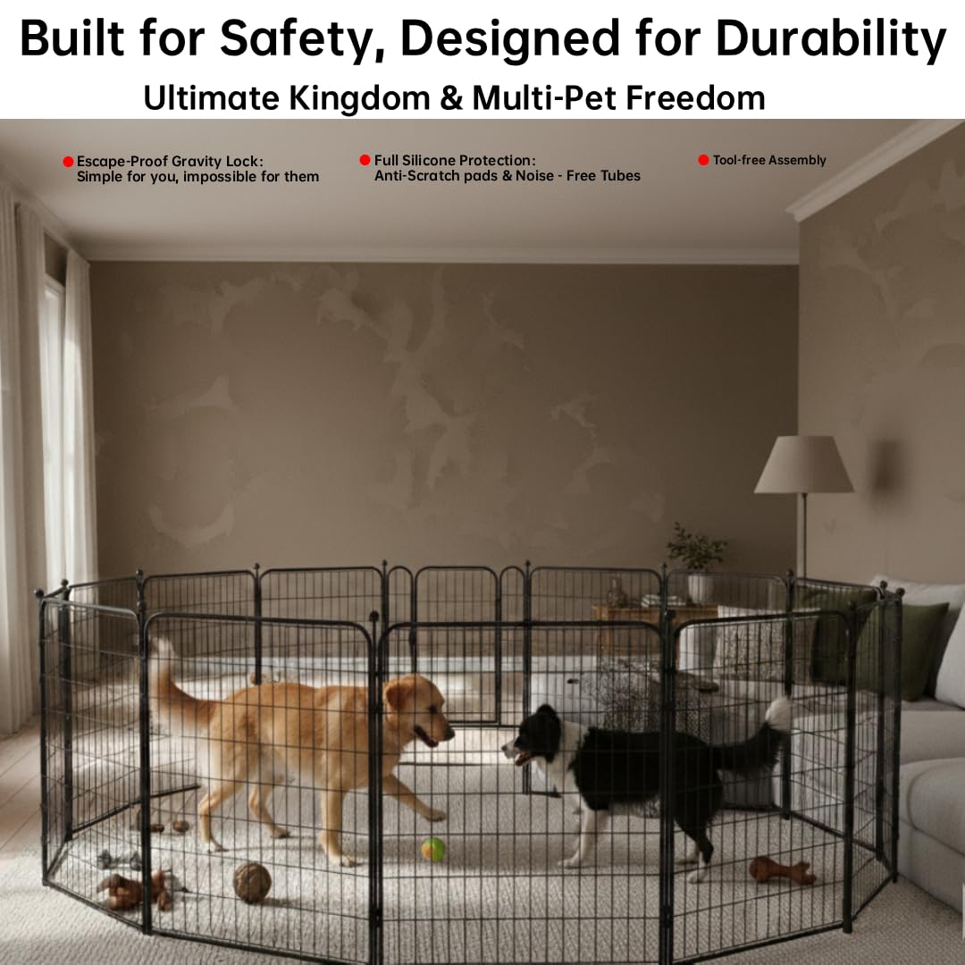 IGOOUO dog playpen easy-assembly gravity-lock demonstrates tool-free setup.