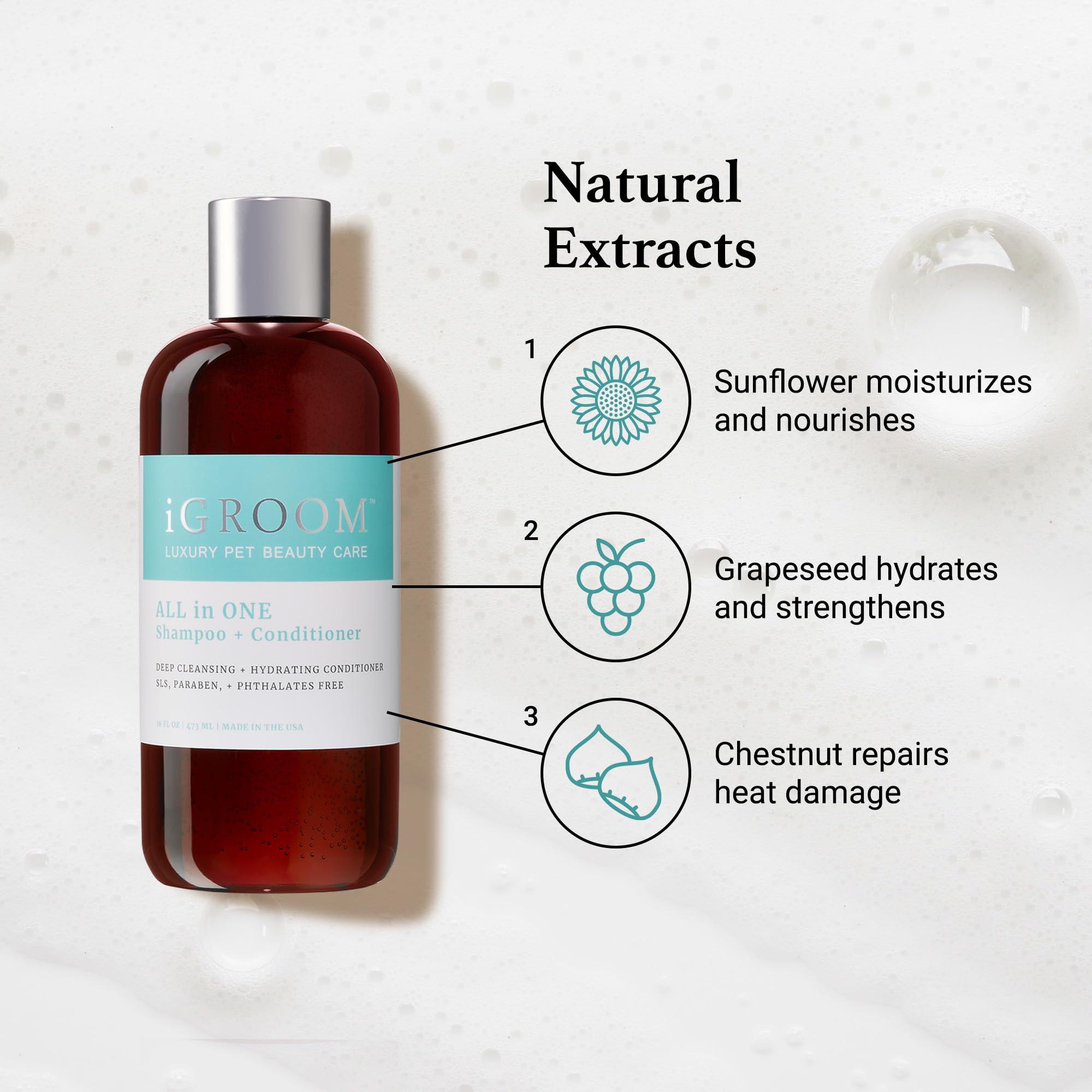 igroom ingredients close-up featuring sunflower grapeseed chestnut