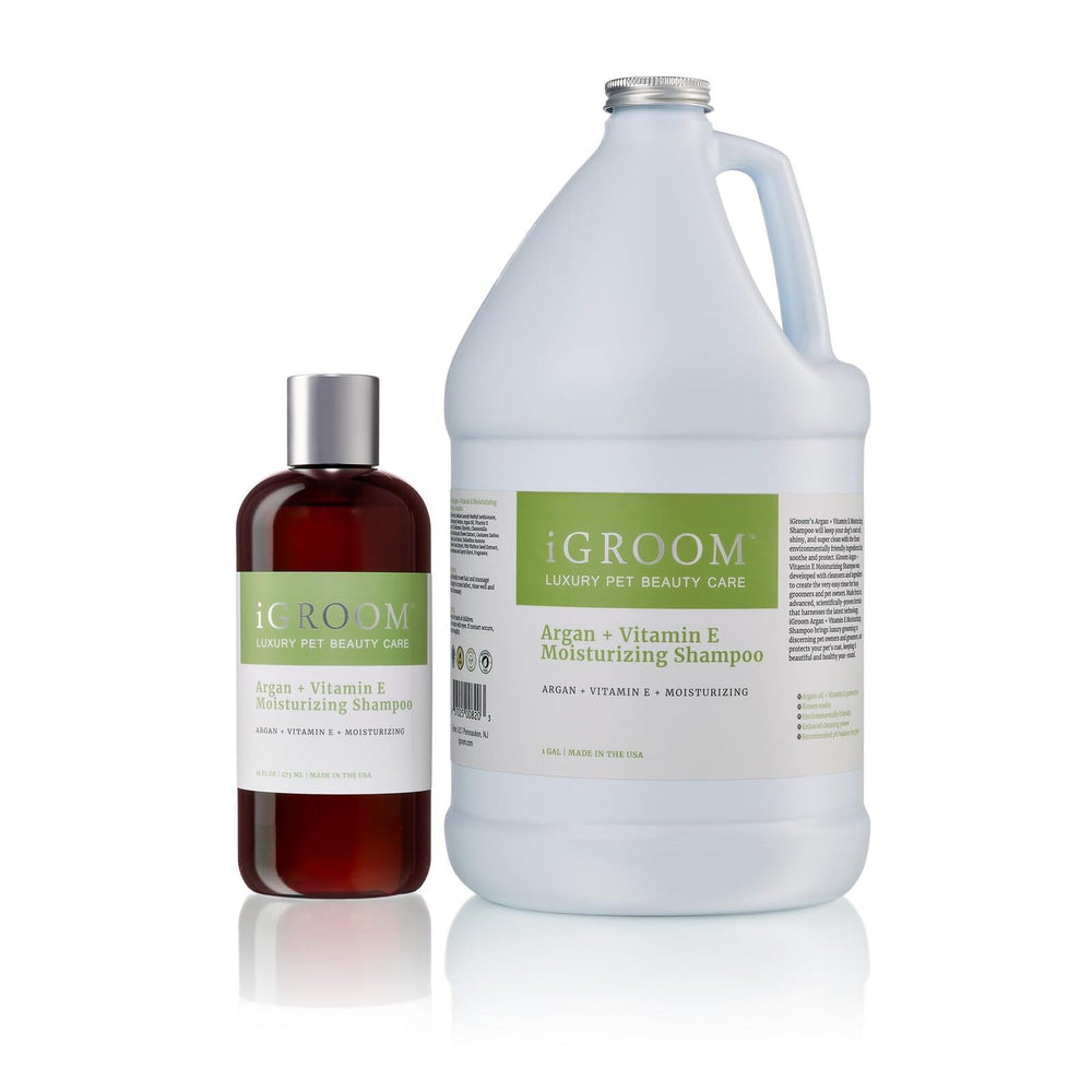 iGroom Argan+Vitamin E conditioner paired next to shampoo for smoother coat.
