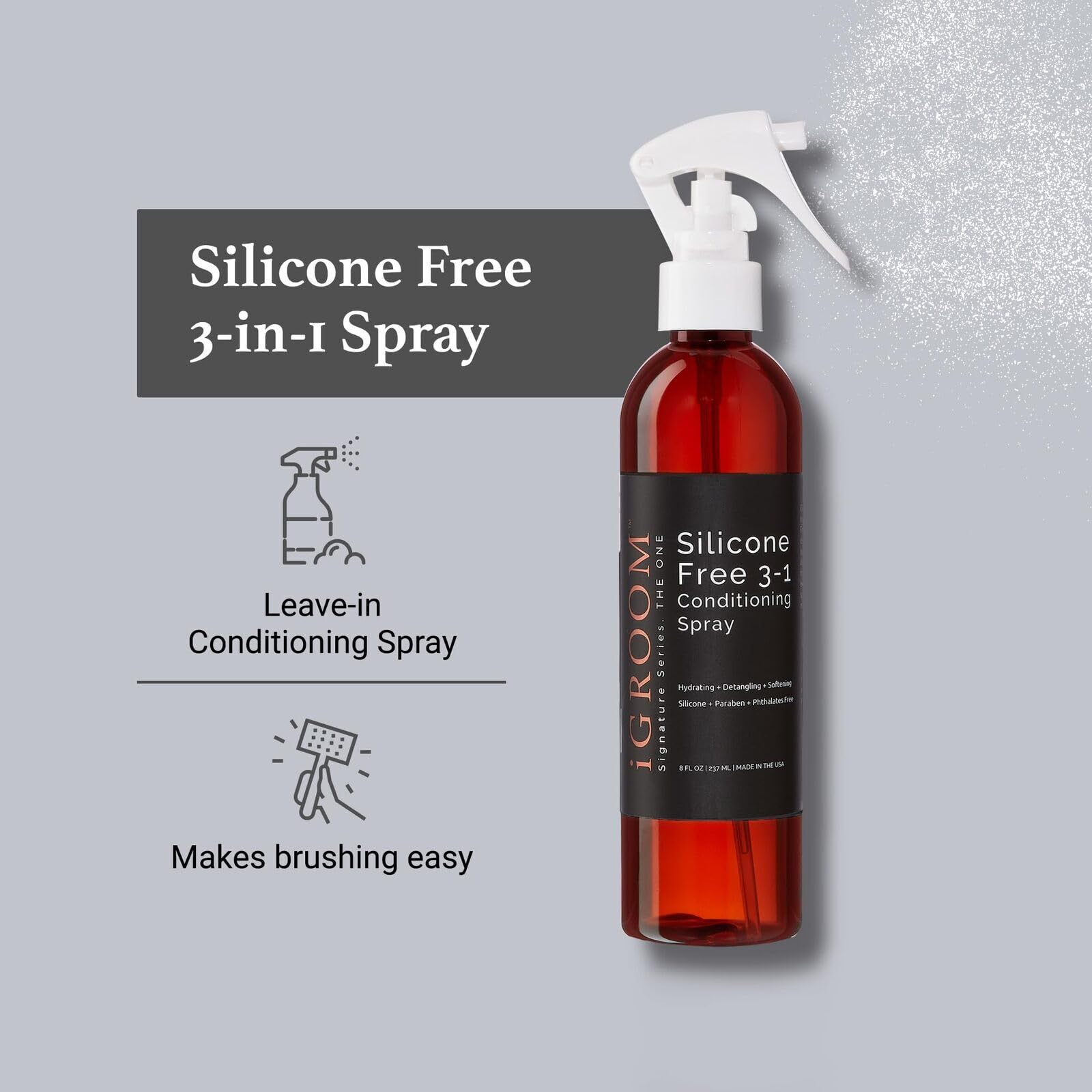 iGroom dog conditioning spray applied to coat for quick detangling.