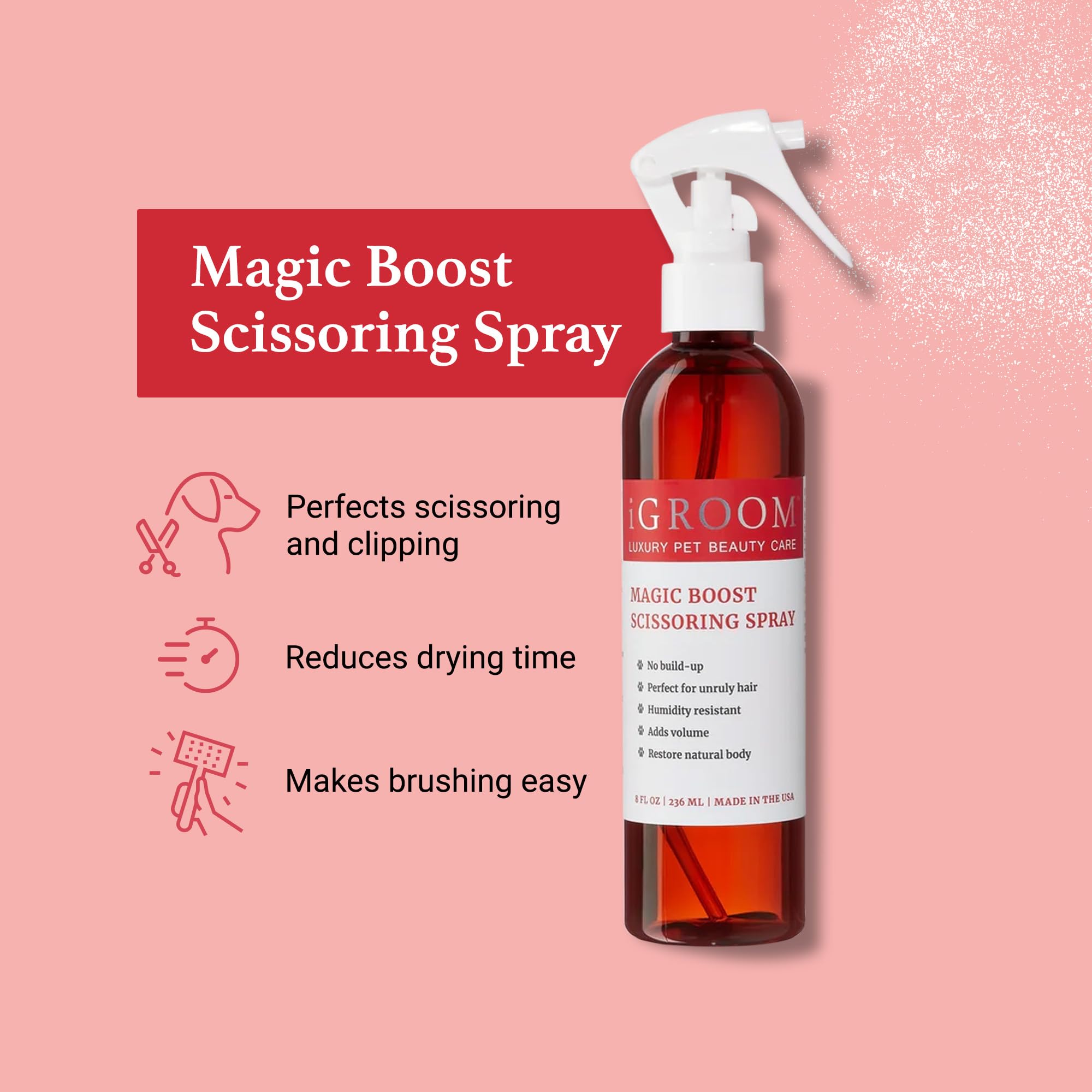 iGroom Magic Boost spray mist on coat during styling for better control
