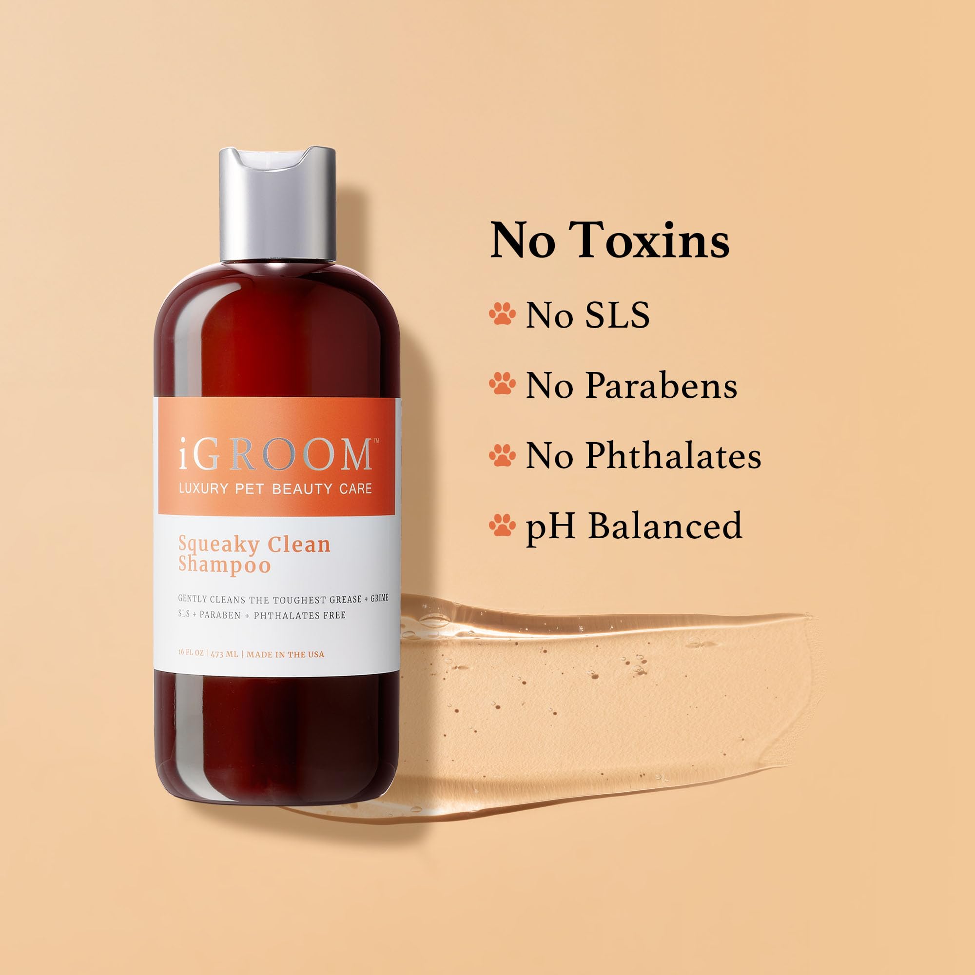 iGroom Squeaky Clean paraben- and sulfate-free formula label.