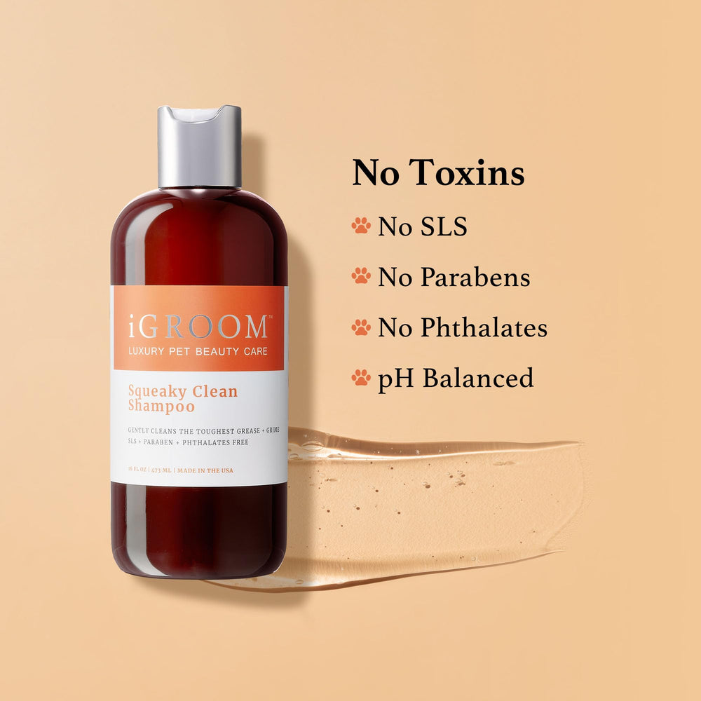 iGroom Squeaky Clean paraben- and sulfate-free formula label.