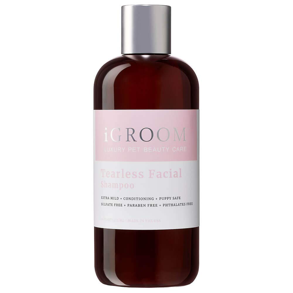 iGroom Tearless Facial Dog Shampoo pour bottle shows eye-safe cleansing for sensitive dogs