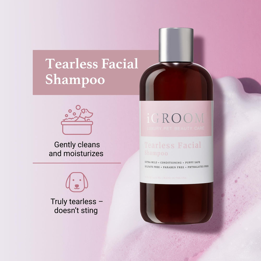 iGroom Tearless Facial Shampoo foam demonstrates gentle cleansing and pleasant lather for messy faces.