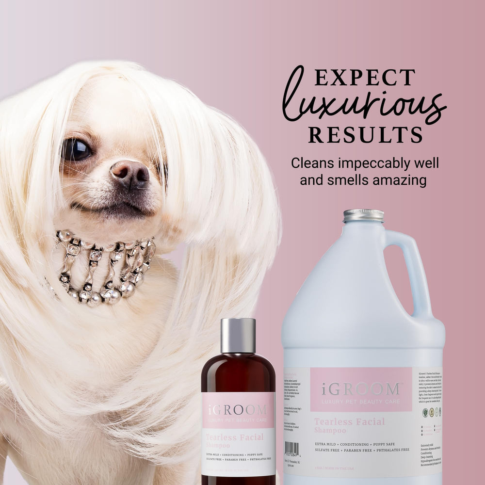 iGroom Tearless Facial Shampoo gallon packaging offers professional-grade care for home grooming routines.