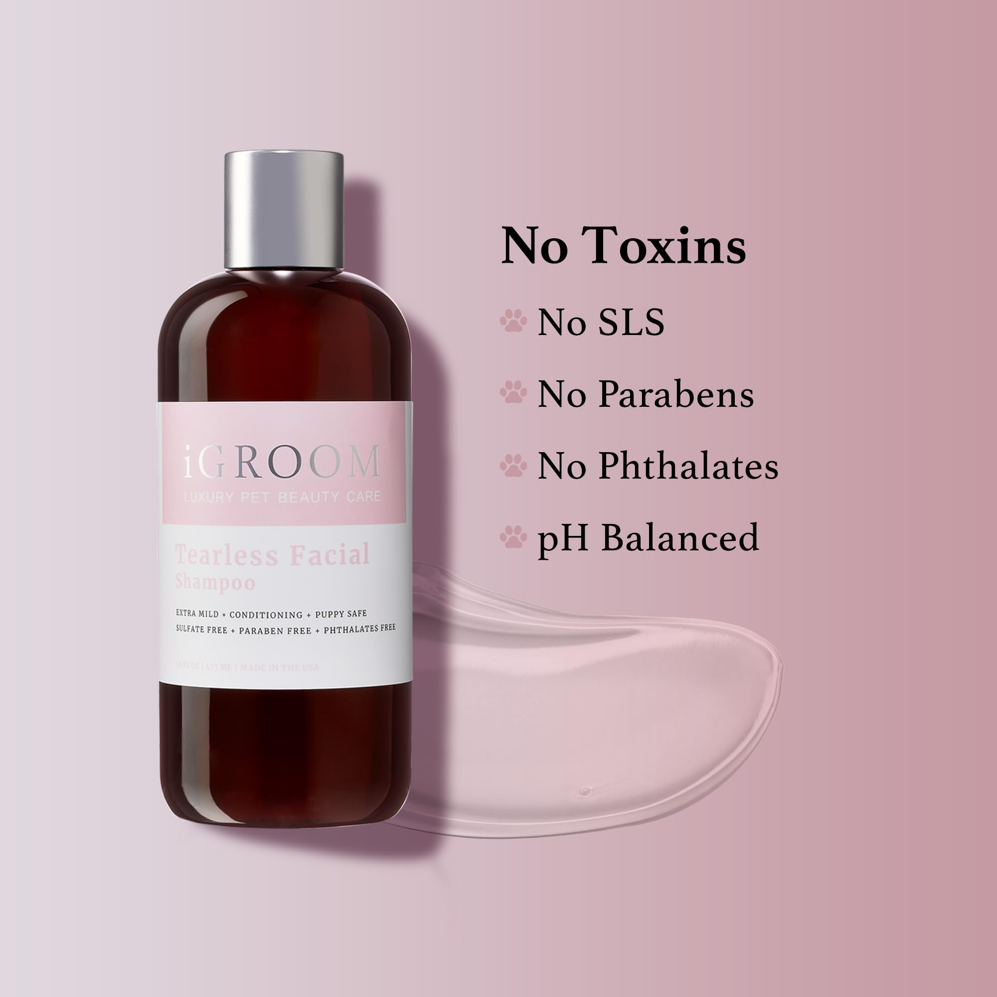 iGroom Tearless Facial Shampoo pour-spill demonstrates easy dilution for home or salon use.