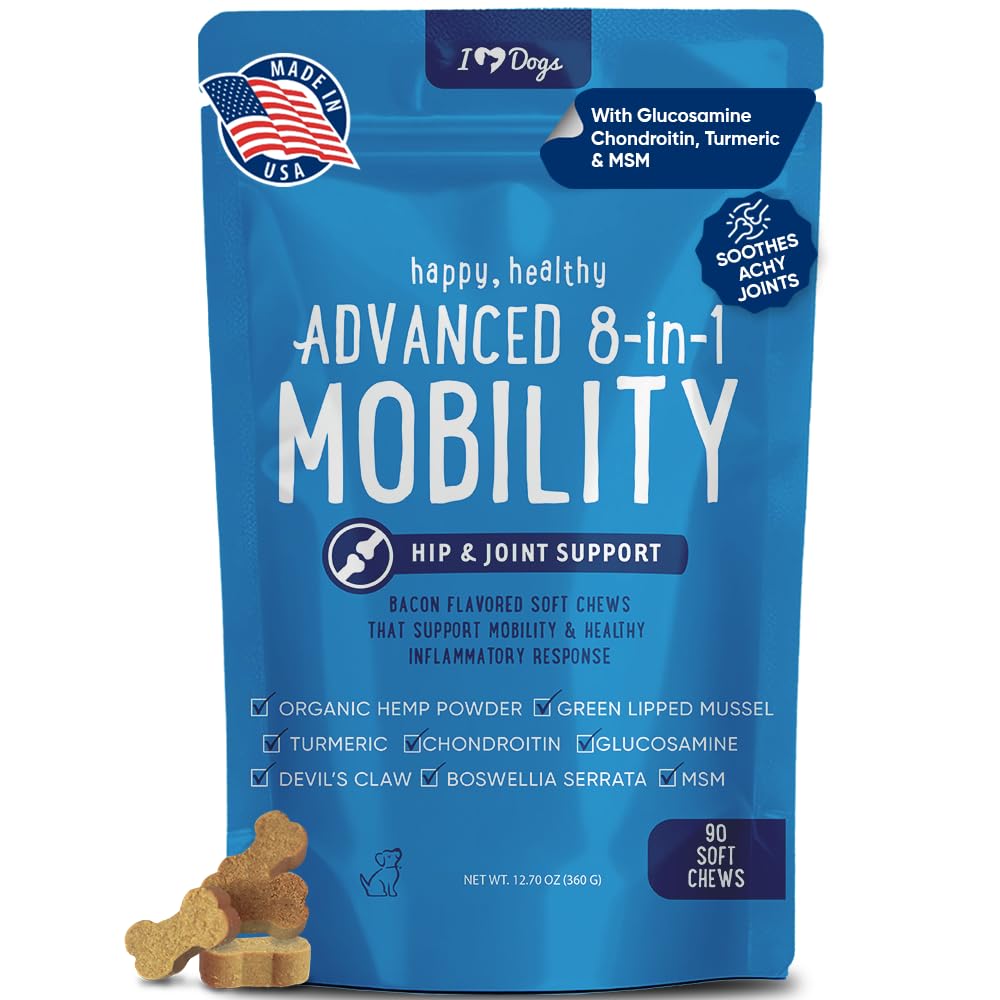 iHeartDogs advanced 8-in-1 chews package showing bottle for joint support