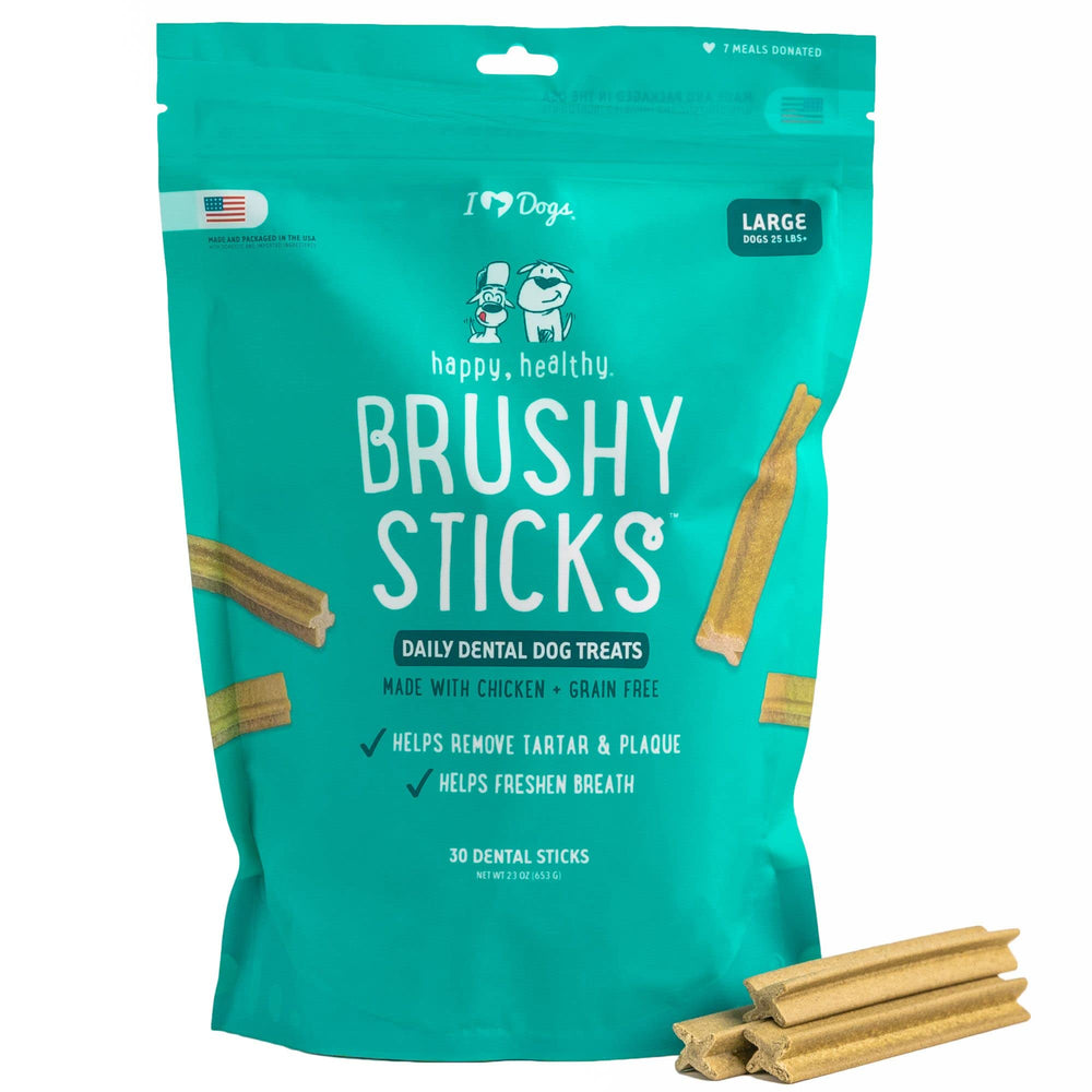 iHeartDogs Brushy Sticks packaging for easy at-home dental care.