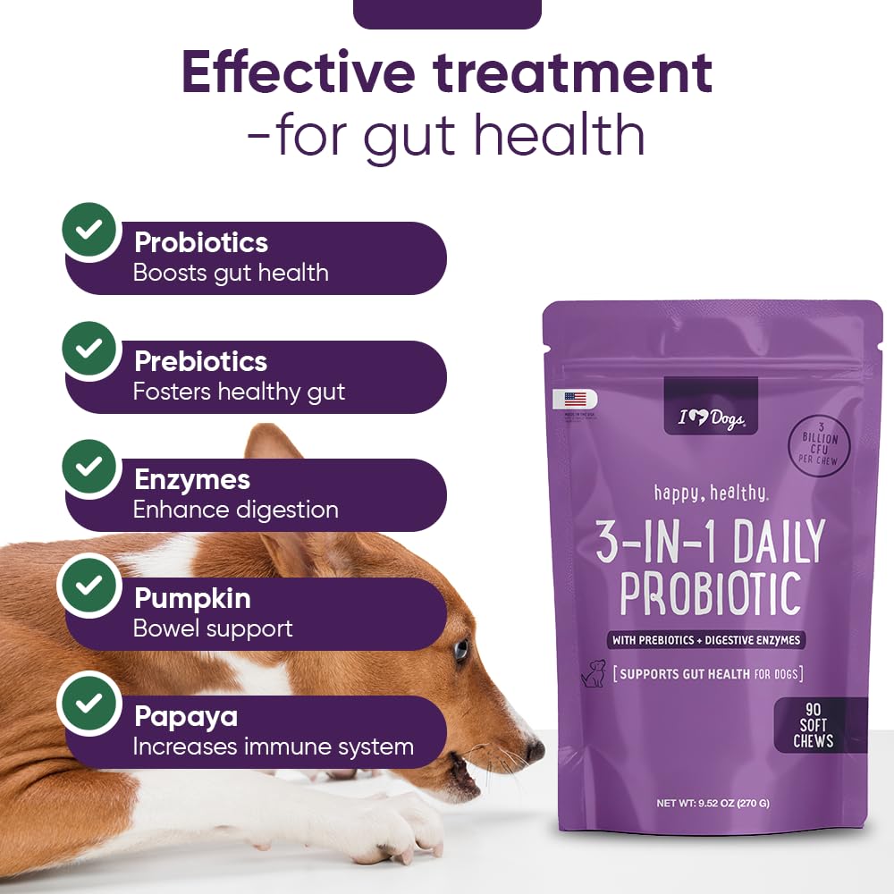 iHeartDogs probiotic-digestive-enzymes chew close-up highlighting texture and gut health support with pumpkin.